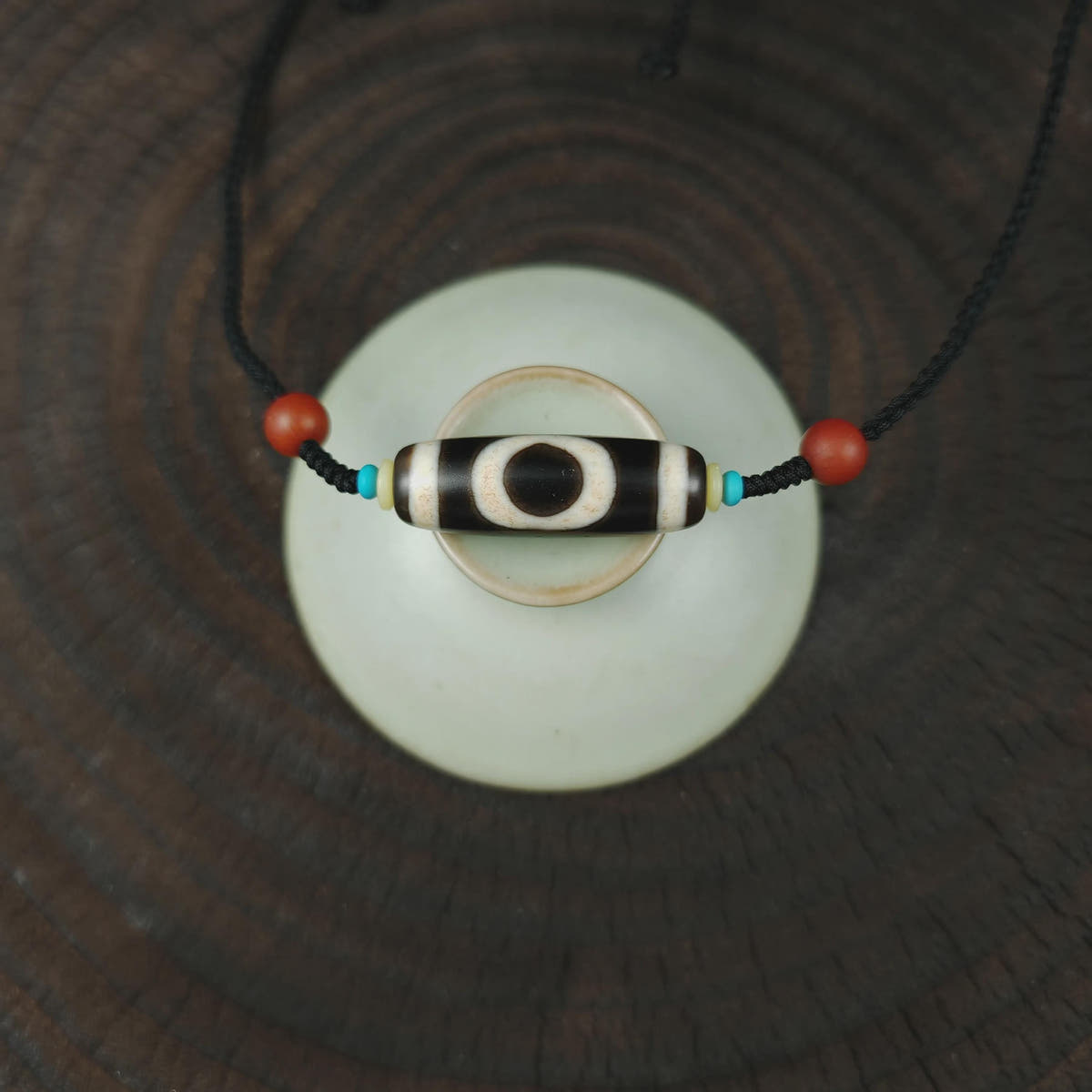 Tibetan Sky & Earth Dzi Bead Necklace, 37x12mm Weathered Agate Pendant