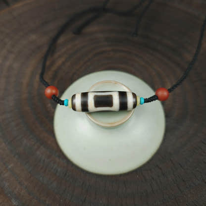 Tibetan Sky & Earth Dzi Bead Necklace, 37x12mm Weathered Agate Pendant