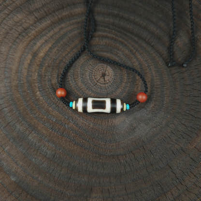 Tibetan Sky & Earth Dzi Bead Necklace, 37x12mm Weathered Agate Pendant
