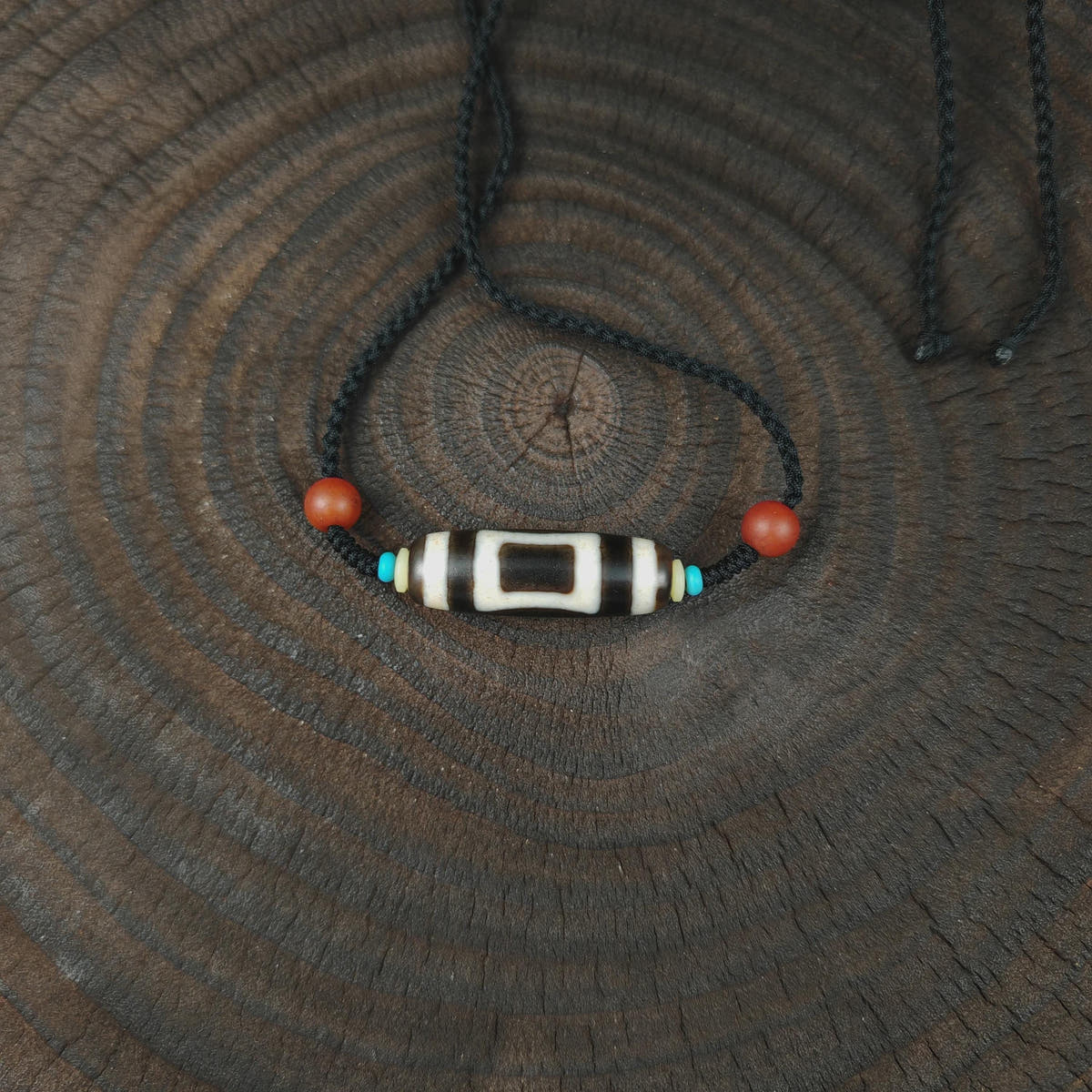 Tibetan Sky & Earth Dzi Bead Necklace, 37x12mm Weathered Agate Pendant