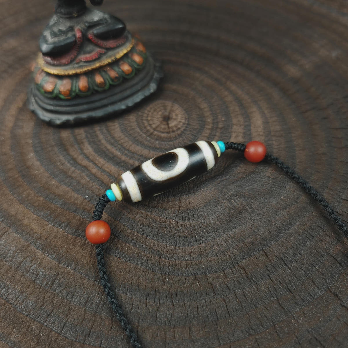 Tibetan Sky & Earth Dzi Bead Necklace, 37x12mm Weathered Agate Pendant