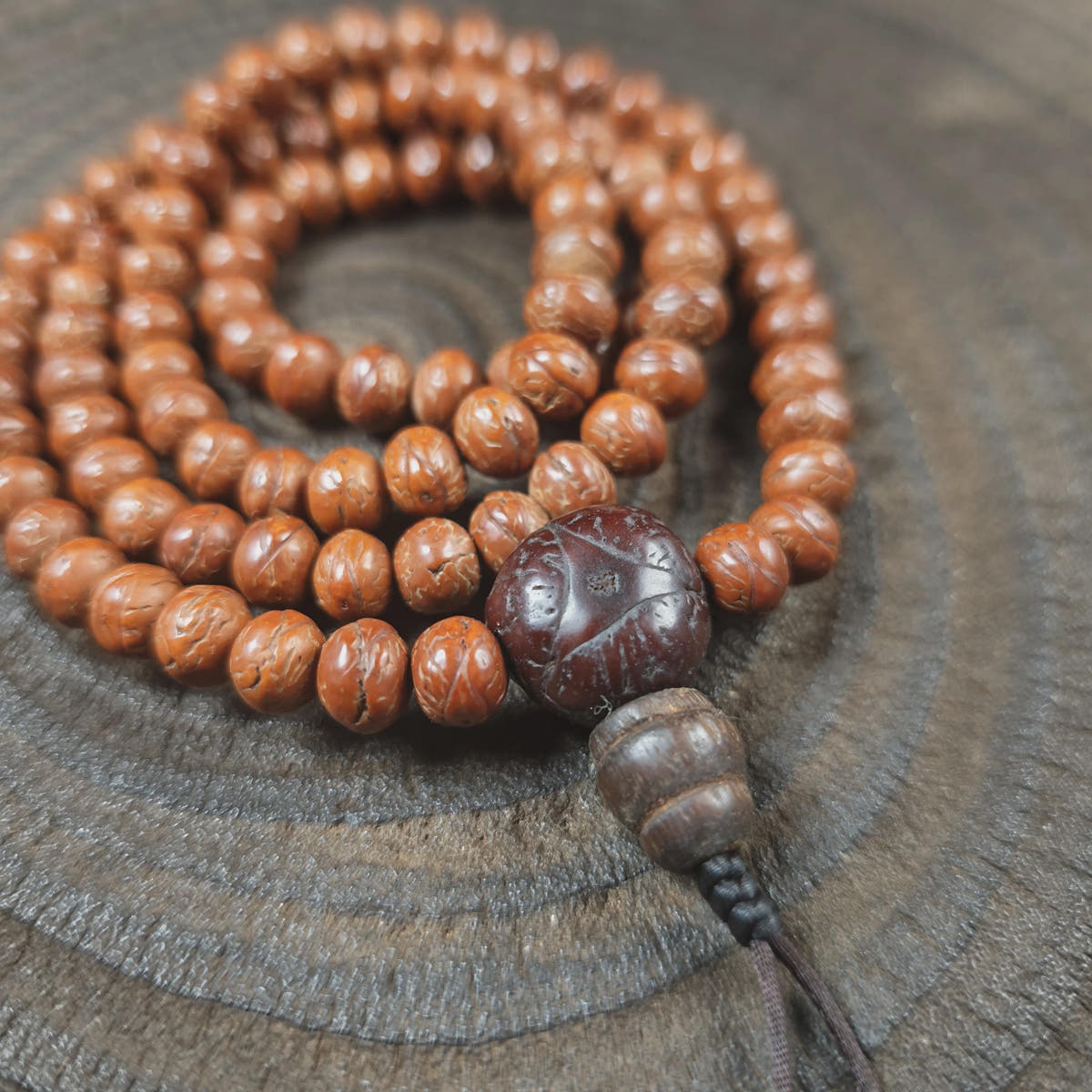 Antique Tibetan Mala Necklace Old Bodhi Wood Prayer Beads 8mm