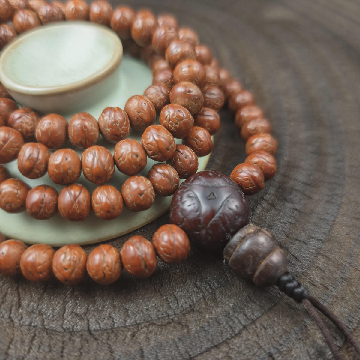 Antique Tibetan Mala Necklace Old Bodhi Wood Prayer Beads 8mm