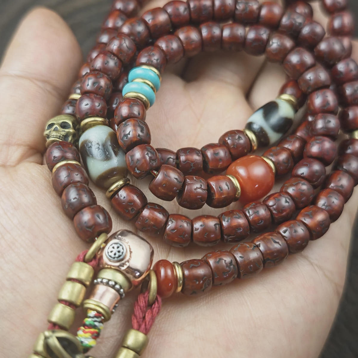 Authentic Tibetan Rudraksha Mala, Old 8mm 108 Prayer Beads Necklace with Turquoise & Dzi Bead, Vintage Antique Finish Tibetan Rosary