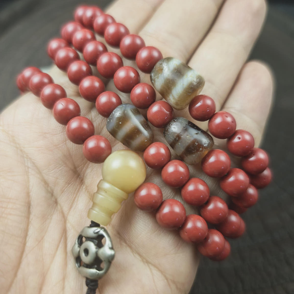 Tibetan Cinnabar Mala 108 Prayer Beads 8mm, Dzi Bead & Horn Guru Bead
