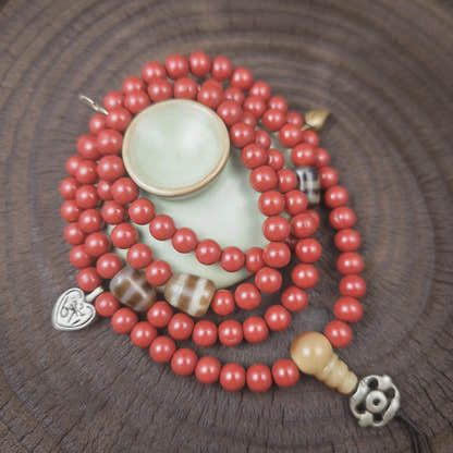 Tibetan Cinnabar Mala 108 Prayer Beads 8mm, Dzi Bead & Horn Guru Bead