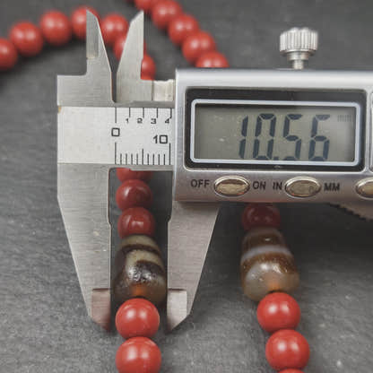 Tibetan Cinnabar Mala 108 Prayer Beads 8mm, Dzi Bead & Horn Guru Bead