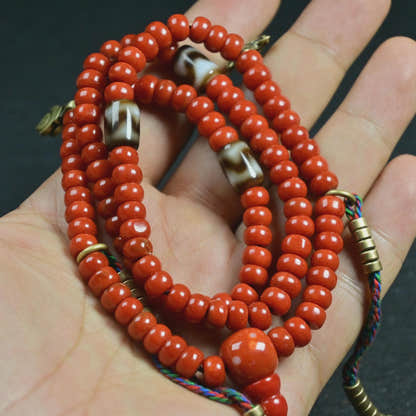 7mm Red Bamboo Coral Mala Necklace, 108 Tibetan Prayer Beads