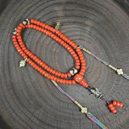 7mm Red Bamboo Coral Mala Necklace, 108 Tibetan Prayer Beads