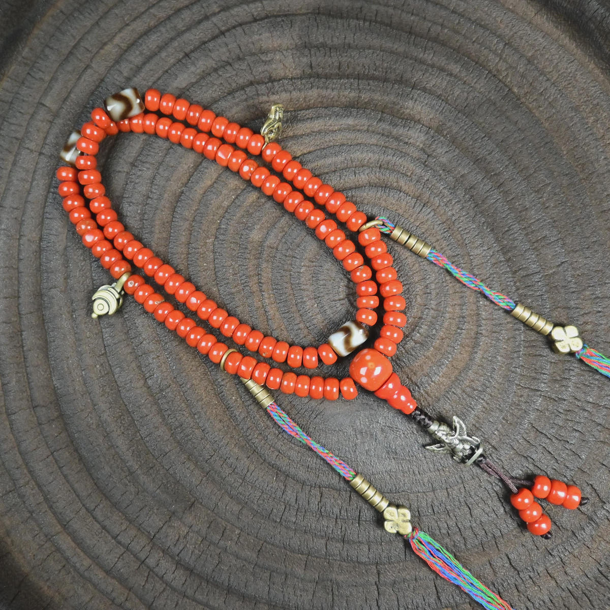 7mm Red Bamboo Coral Mala Necklace, 108 Tibetan Prayer Beads