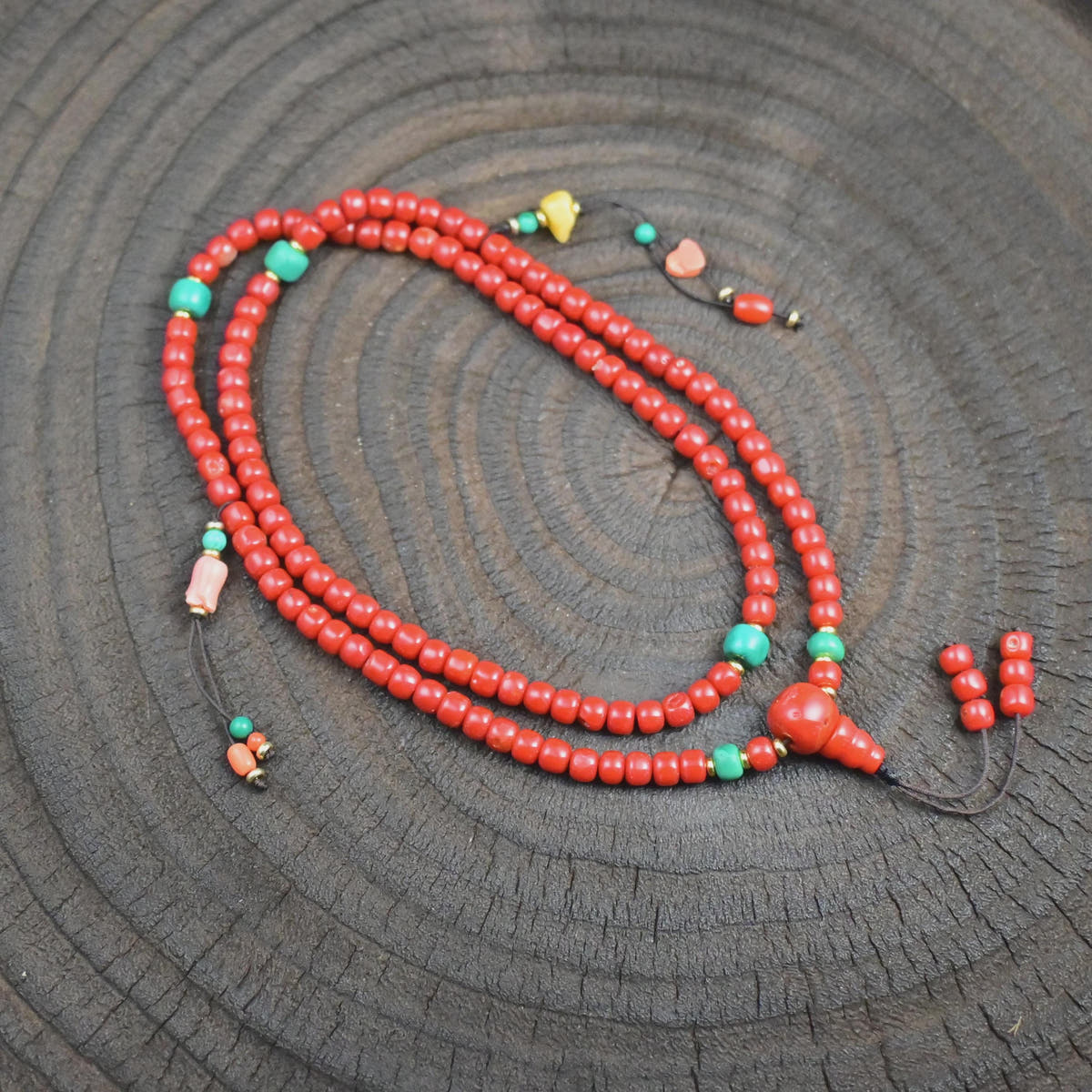 5mm Red Bamboo Coral Mala Necklace, 108 Tibetan Prayer Beads