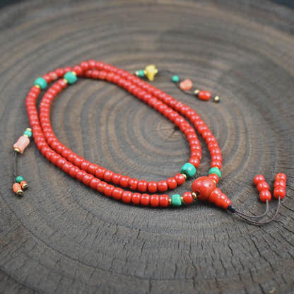 5mm Red Bamboo Coral Mala Necklace, 108 Tibetan Prayer Beads