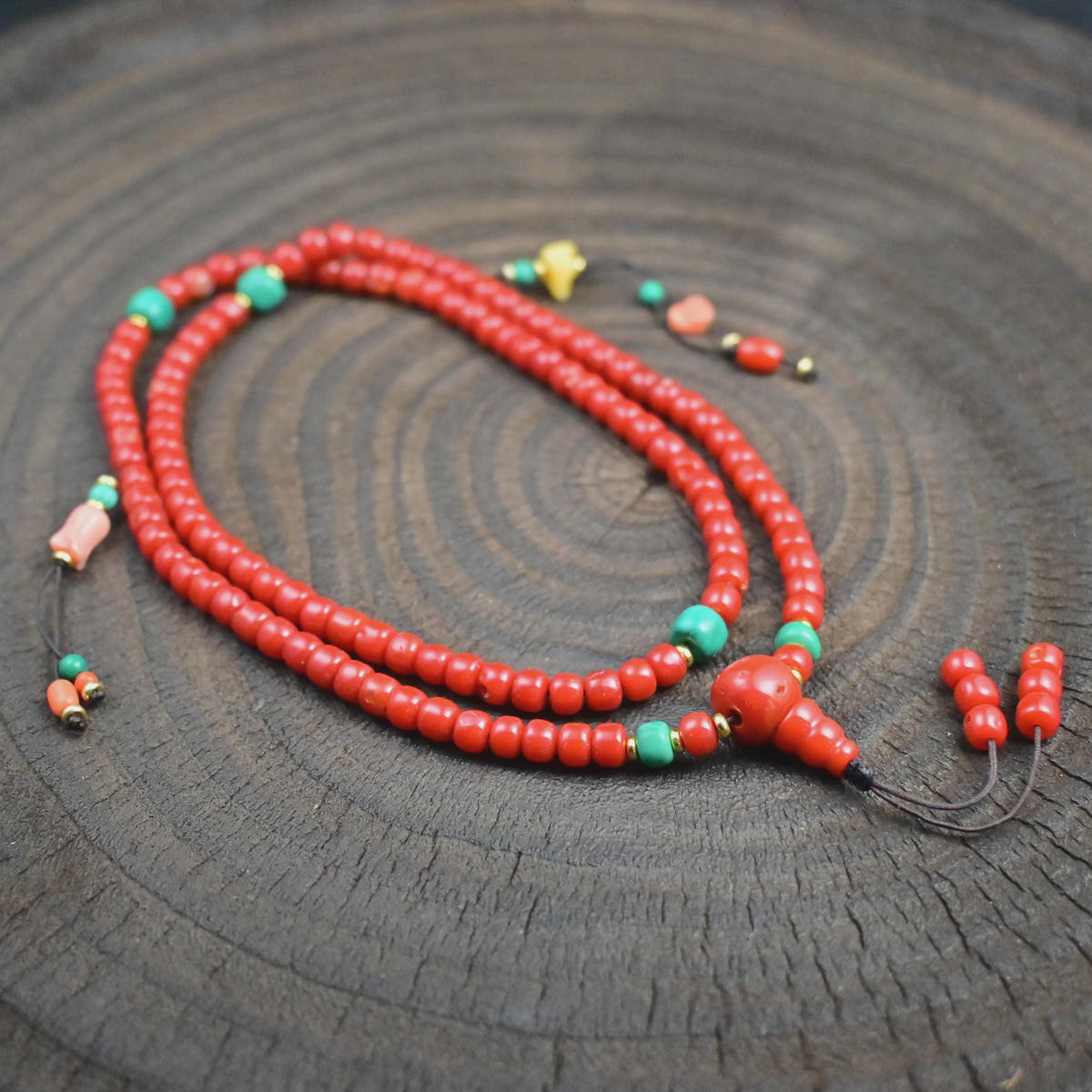 5mm Red Bamboo Coral Mala Necklace, 108 Tibetan Prayer Beads