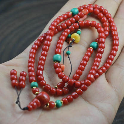 5mm Red Bamboo Coral Mala Necklace, 108 Tibetan Prayer Beads