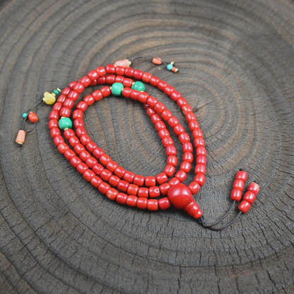6mm Red Bamboo Coral Mala Necklace, 108 Tibetan Prayer Beads