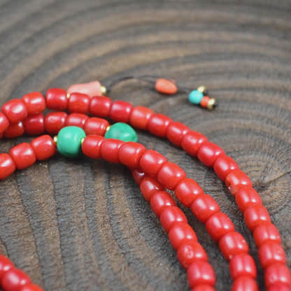 6mm Red Bamboo Coral Mala Necklace, 108 Tibetan Prayer Beads