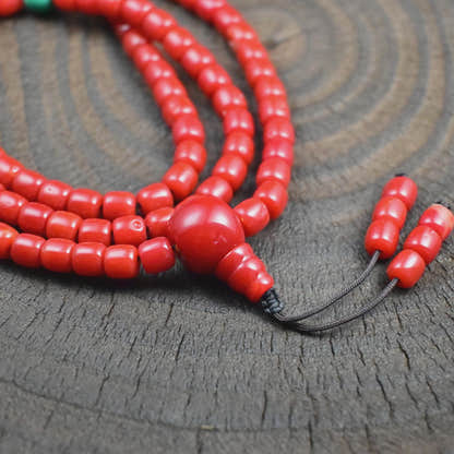 6mm Red Bamboo Coral Mala Necklace, 108 Tibetan Prayer Beads