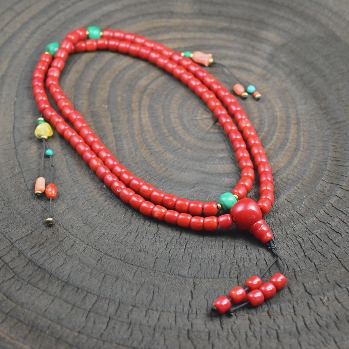 6mm Red Bamboo Coral Mala Necklace, 108 Tibetan Prayer Beads