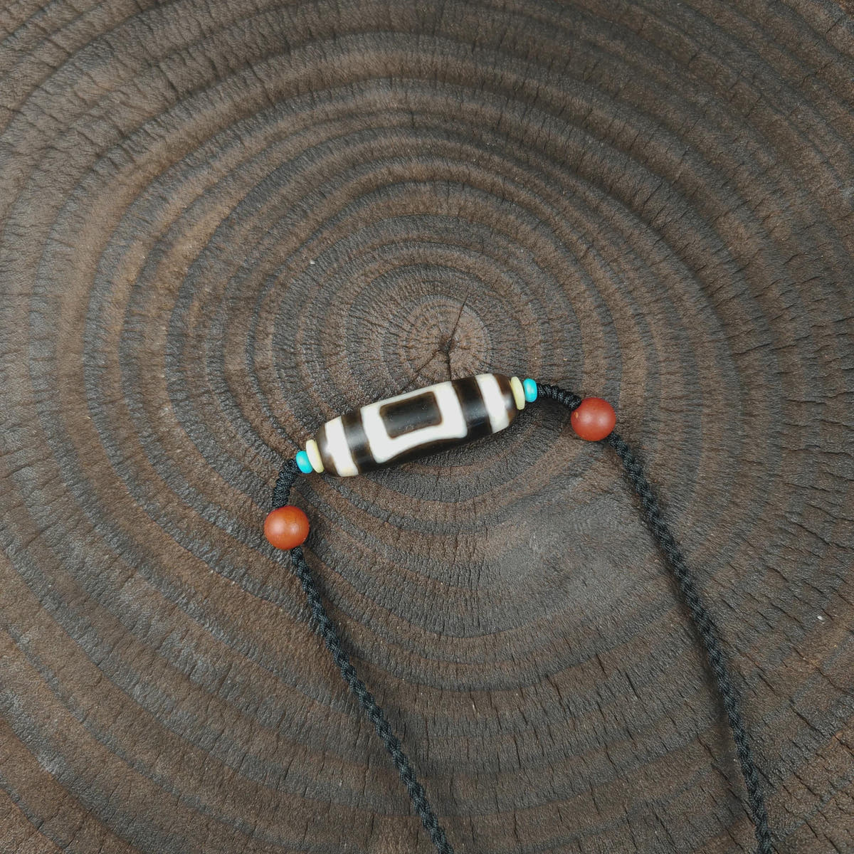 Tibetan Sky & Earth Dzi Bead Necklace, 37x12mm Weathered Agate Pendant