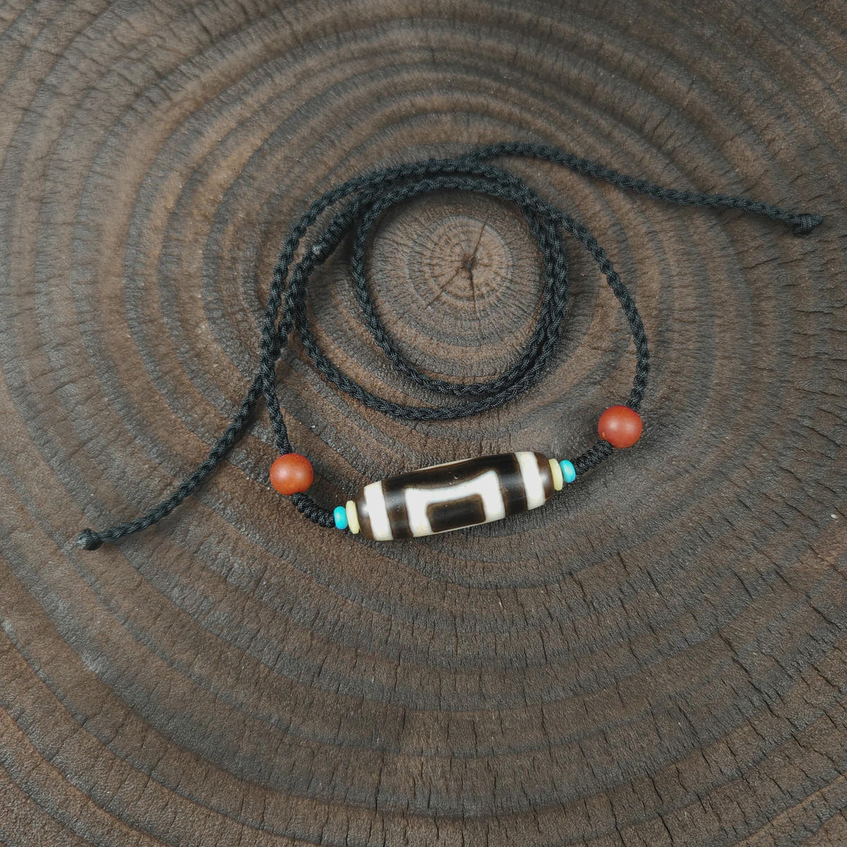 Tibetan Sky & Earth Dzi Bead Necklace, 37x12mm Weathered Agate Pendant