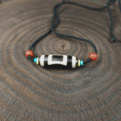 Tibetan Sky & Earth Dzi Bead Necklace, 37x12mm Weathered Agate Pendant