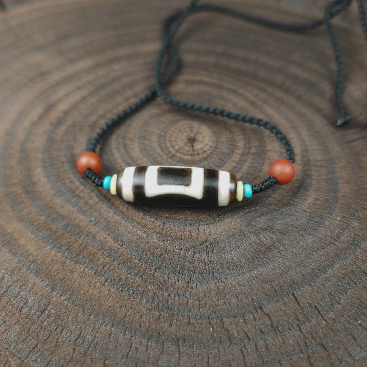 Tibetan Sky & Earth Dzi Bead Necklace, 37x12mm Weathered Agate Pendant