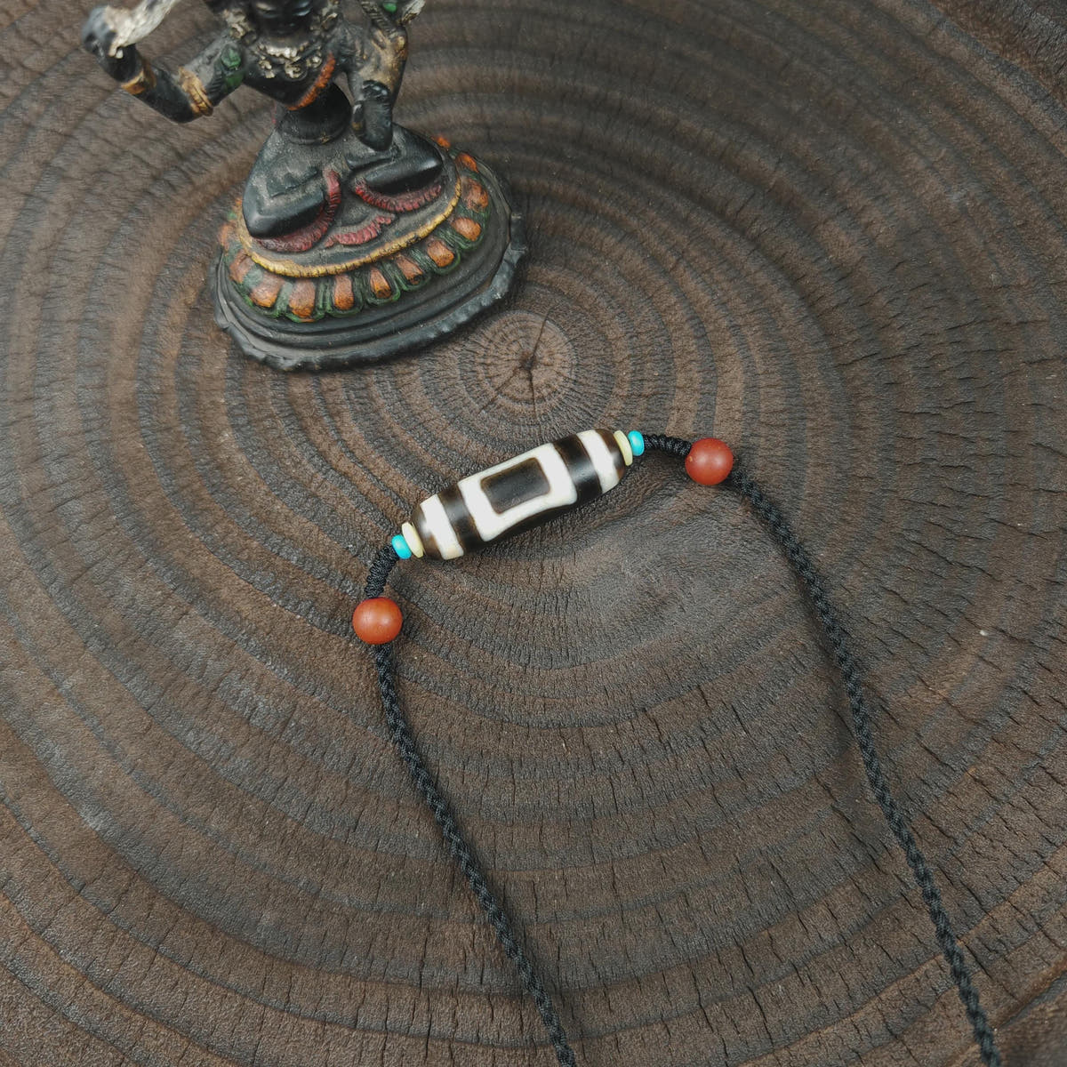 Tibetan Sky & Earth Dzi Bead Necklace, 37x12mm Weathered Agate Pendant