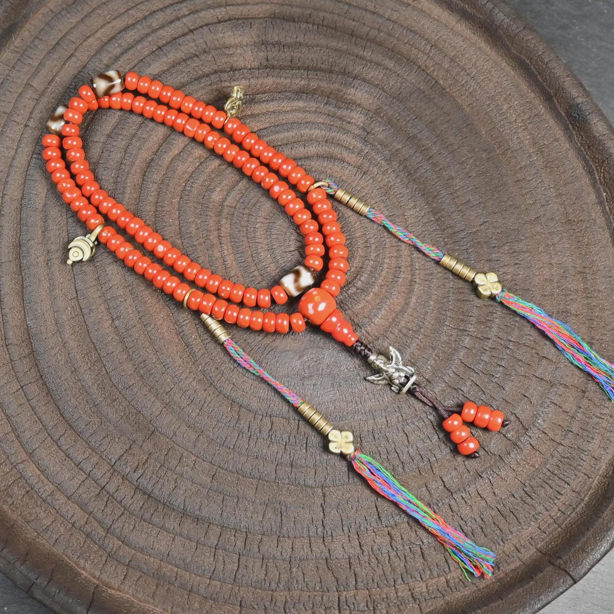 7mm Red Bamboo Coral Mala Necklace, 108 Tibetan Prayer Beads