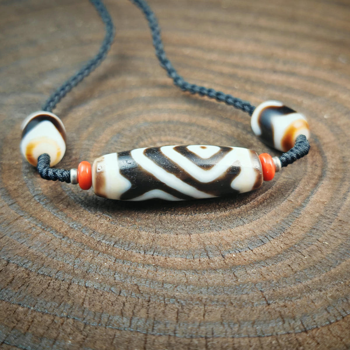 Vajra 2 Eyes Dzi Necklace | Antique Tibetan Dzi Bead Amulet 36 x 11mm