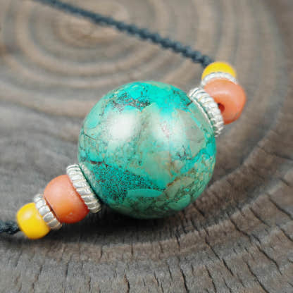Tibetan Turquoise Bead Amulet Necklace Handcrafted Protective Talisman Pendant