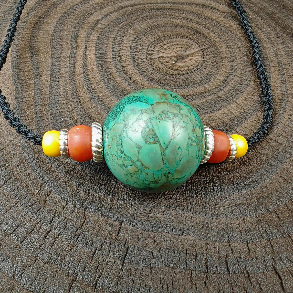 Tibetan Turquoise Bead Amulet Necklace Handcrafted Protective Talisman Pendant