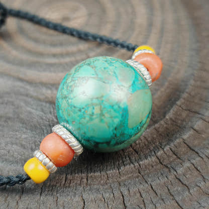 Tibetan Turquoise Bead Amulet Necklace Handcrafted Protective Talisman Pendant