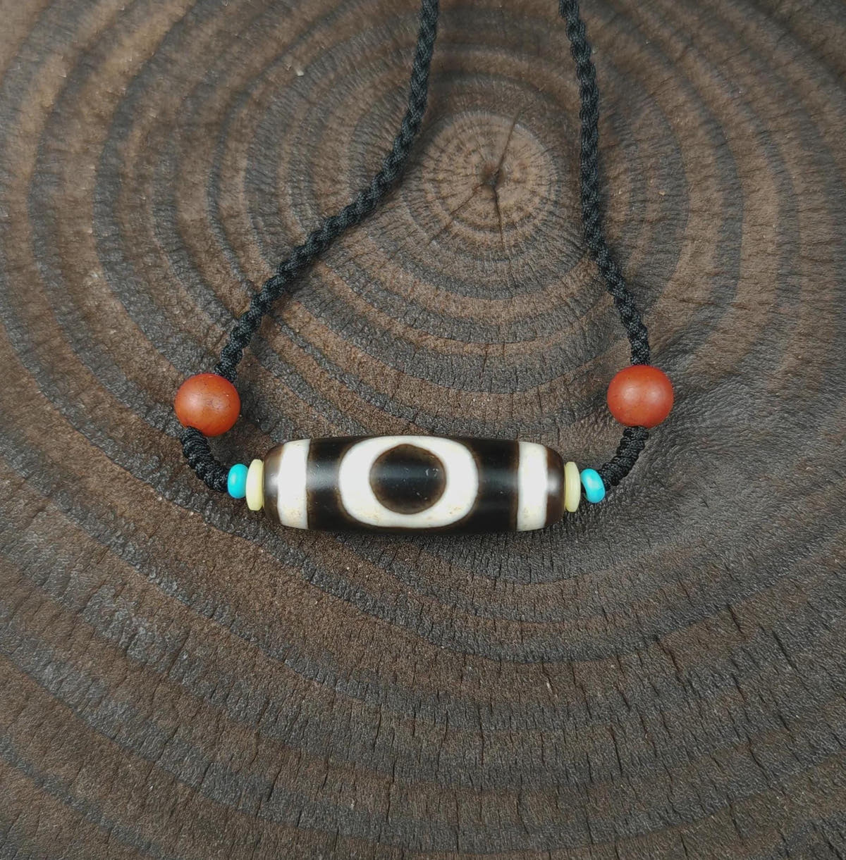 Tibetan Sky & Earth Dzi Bead Necklace, 37x12mm Weathered Agate Pendant