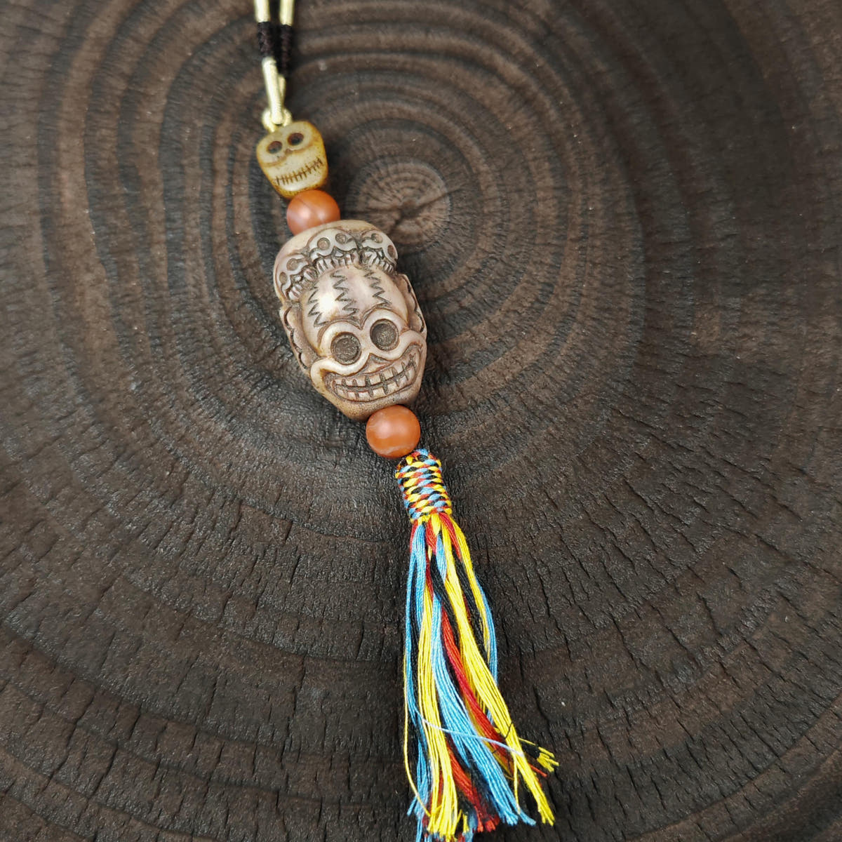 Citipati Skull Protective Charm,Vintage Tibetan Amulet,Made of Deer Antlers and Kapala