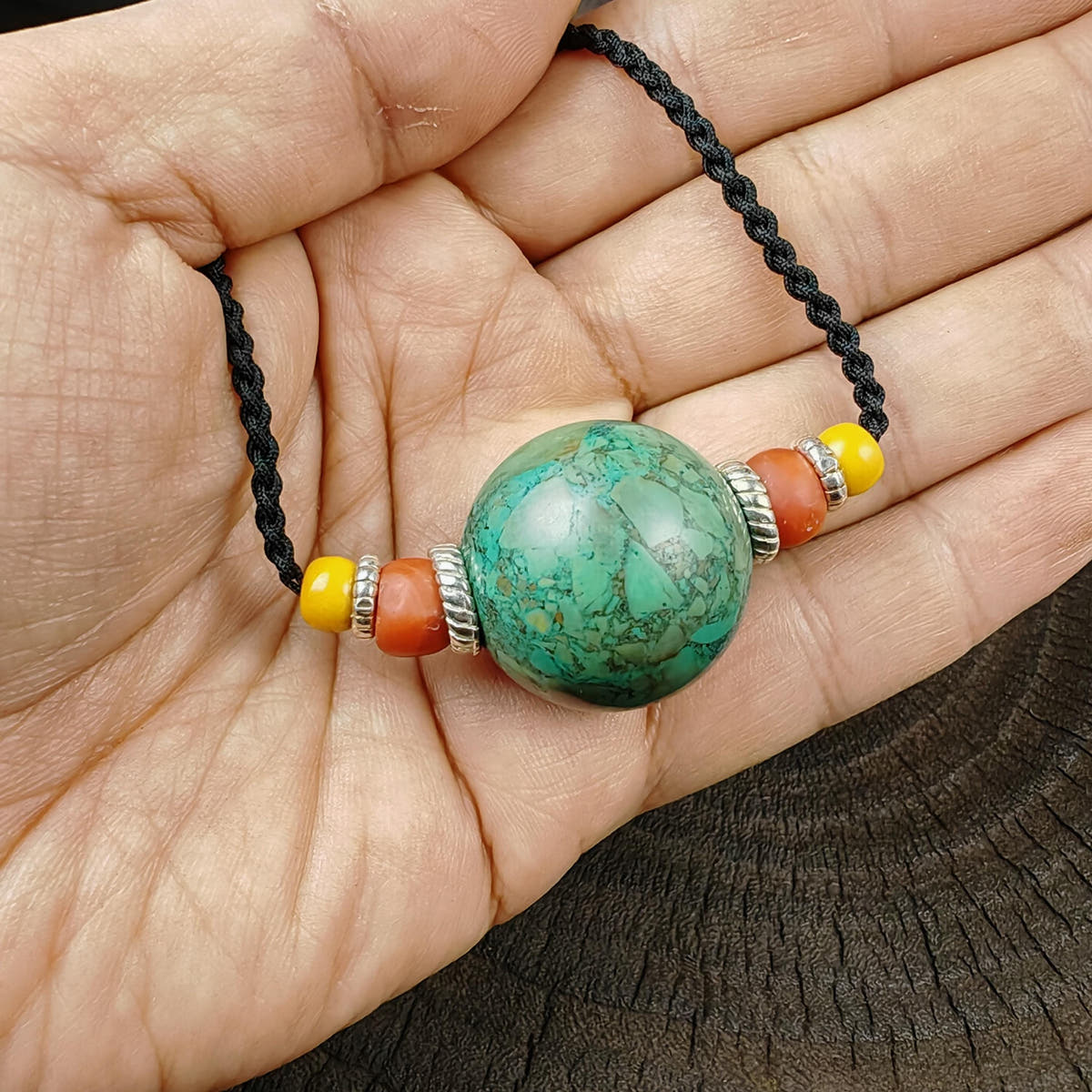 Tibetan Turquoise Bead Amulet Necklace Handcrafted Protective Talisman Pendant