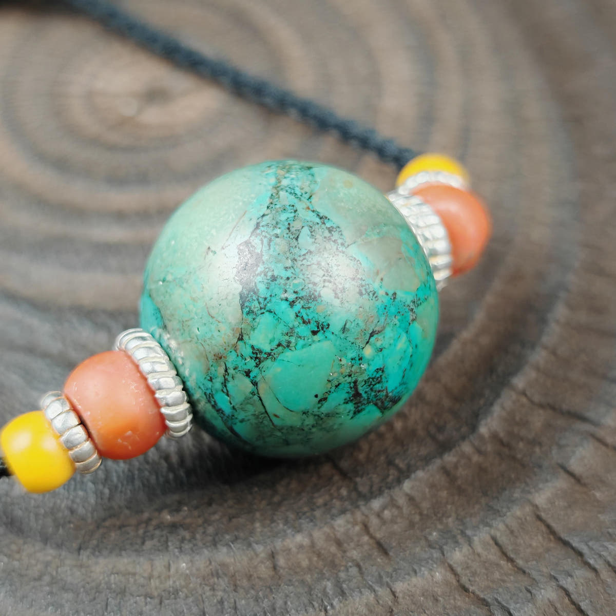 Tibetan Turquoise Bead Amulet Necklace Handcrafted Protective Talisman Pendant