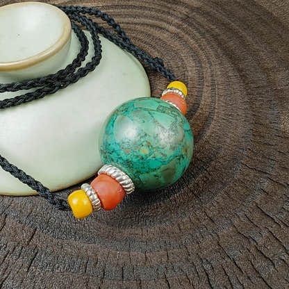 Tibetan Turquoise Bead Amulet Necklace Handcrafted Protective Talisman Pendant