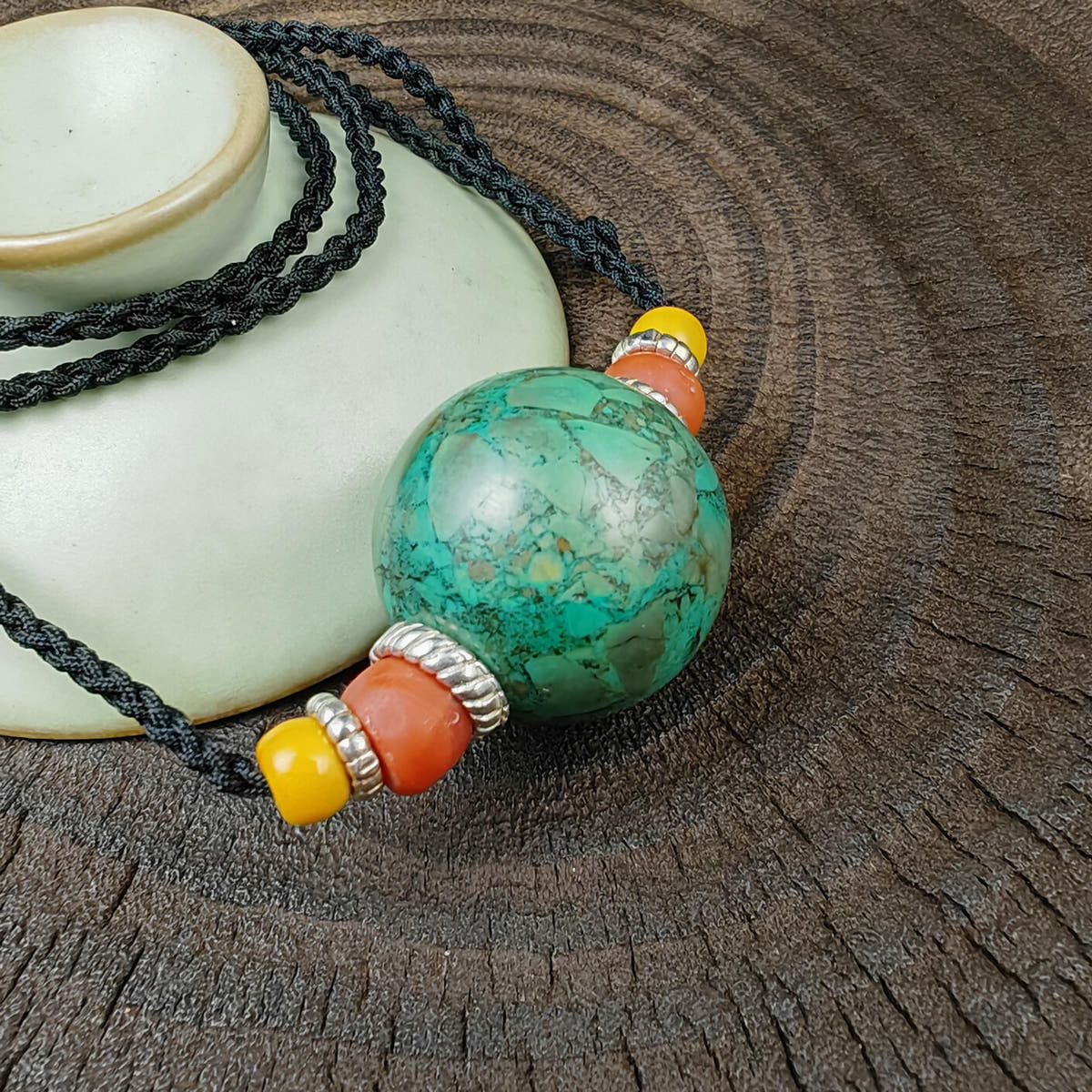 Tibetan Turquoise Bead Amulet Necklace Handcrafted Protective Talisman Pendant