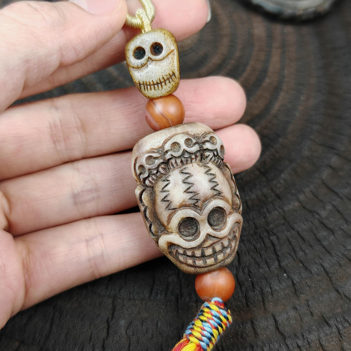 Citipati Skull Protective Charm,Vintage Tibetan Amulet,Made of Deer Antlers and Kapala