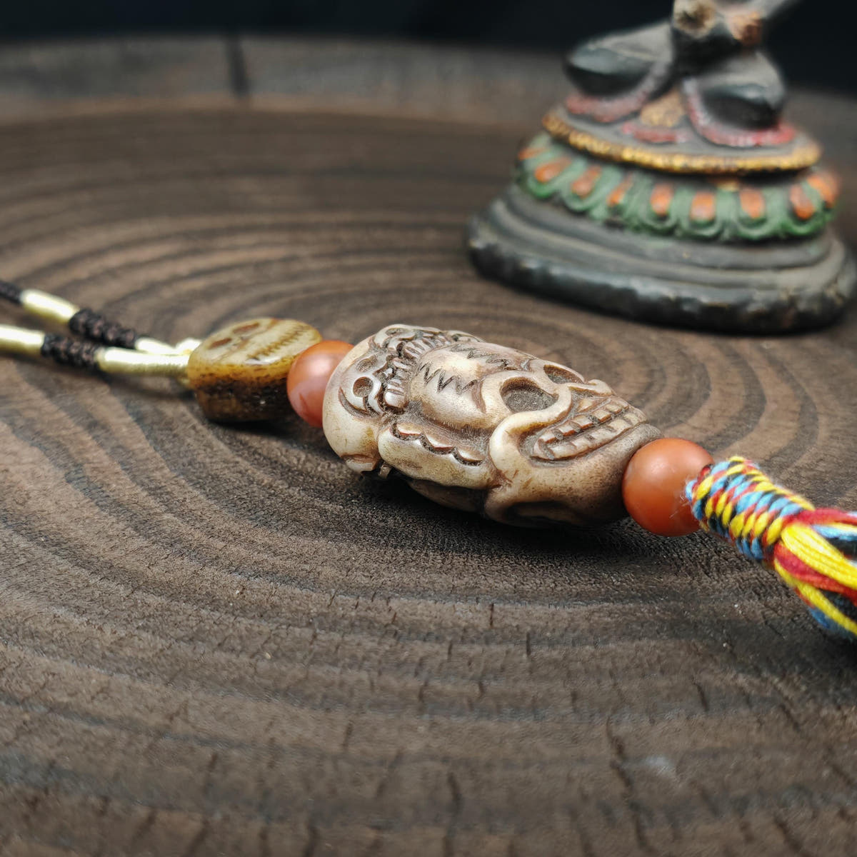 Citipati Skull Protective Charm,Vintage Tibetan Amulet,Made of Deer Antlers and Kapala