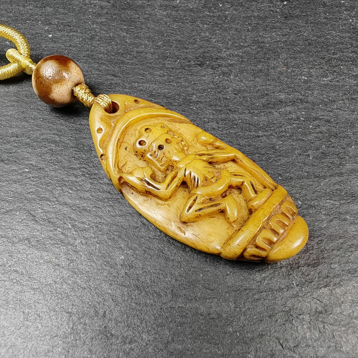 Authentic Citipati Skull Master Pendant - Old Tibetan Yak Bone Amulet 45mm × 21mm