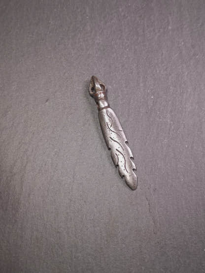 This Fire Sword amulet was handmade by Tibetan craftsmen in 2000s. It is black color,2.8 inches length. You can carry it as a necklace pendant or key chain. The Manjusri is often depicted holding a sword, referred to as the sword of wisdom.