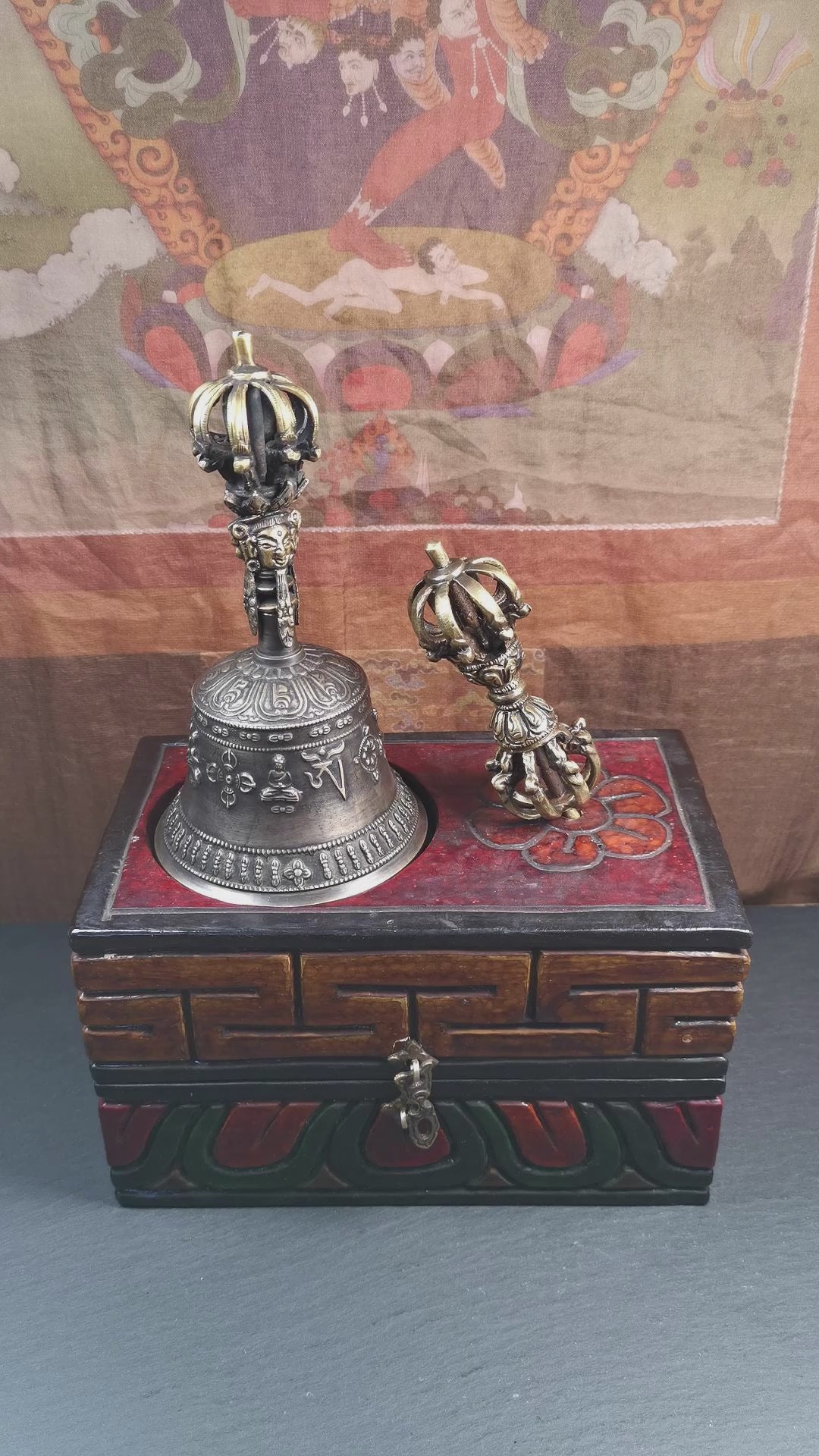 This vajra and bell set was handmade in Nepal,using traditional techniques and materials. The vajra is made of brass, the bell is made of bronze,carved mantra and other trantic buddhism patterns. The outer box is made of wood,carved manadala flower and traditional patterns.