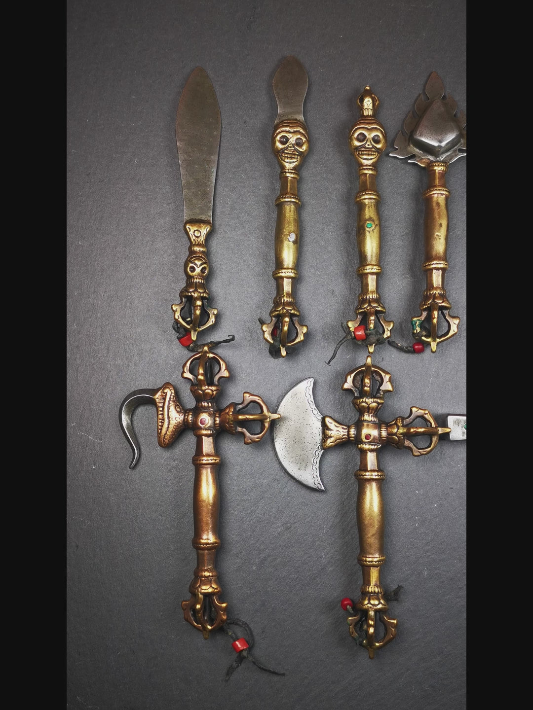 This set of Ritual Implements are handmade by Tibetan craftsmen from Tibet in 1980s,collected from derge parkhang monastery. They are made of copper,cold iron,total 10 pcs,include kila,kartika,hook,hammer,and other implements,please see the picture.