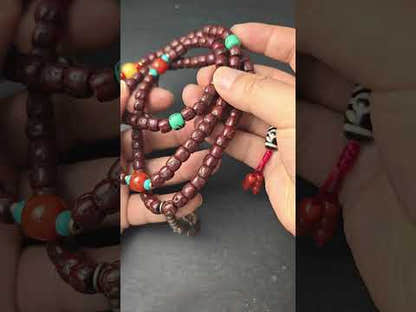 Authentic Tibetan Rudraksha Mala, Old 8mm 108 Prayer Beads Necklace