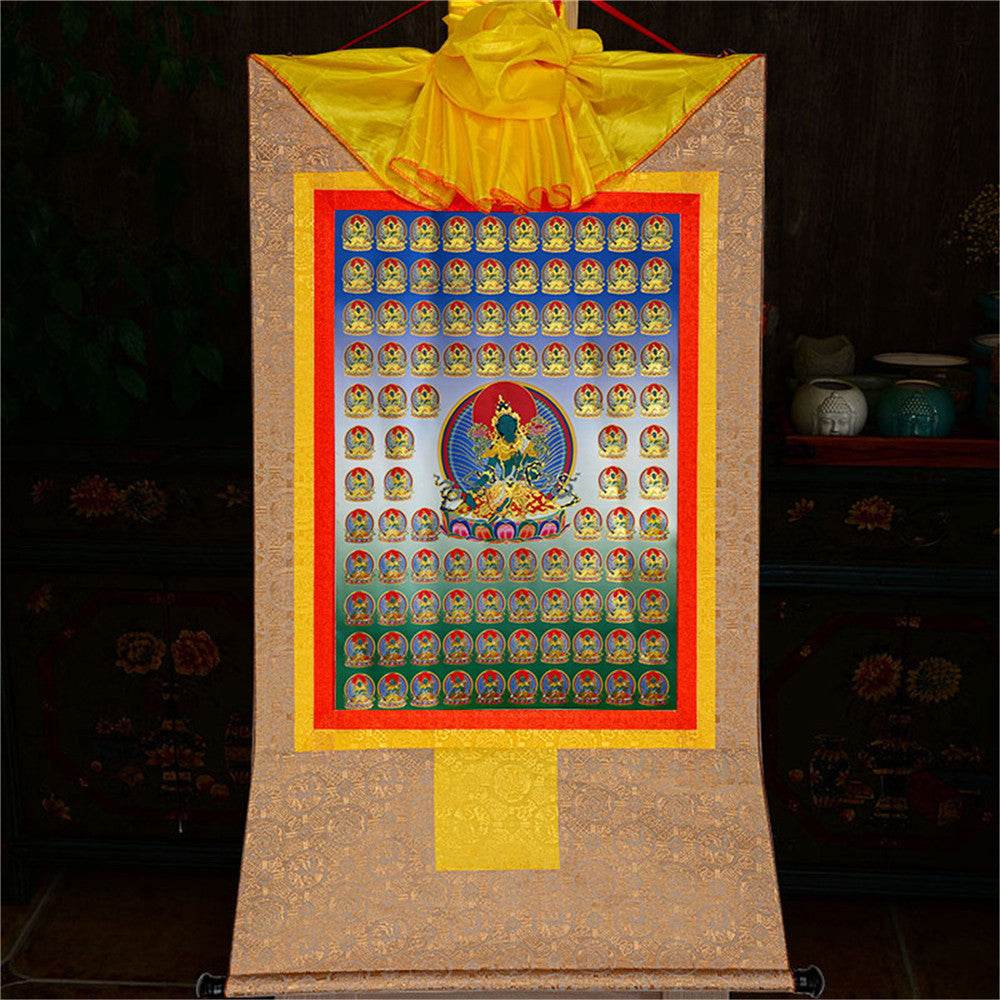 100 Green Tara - Tibetan thangka painting, view 9