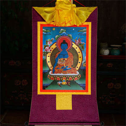 Akshobhya-A Buddha before Bhaisajyaguru Medicine Buddha - Tibetan thangka painting, view 12