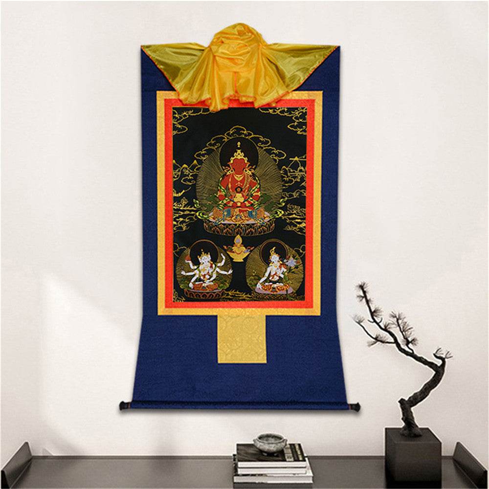 Amitayus-Buddha Of Infinite Life - in Black Type - Tibetan thangka painting, detailed view