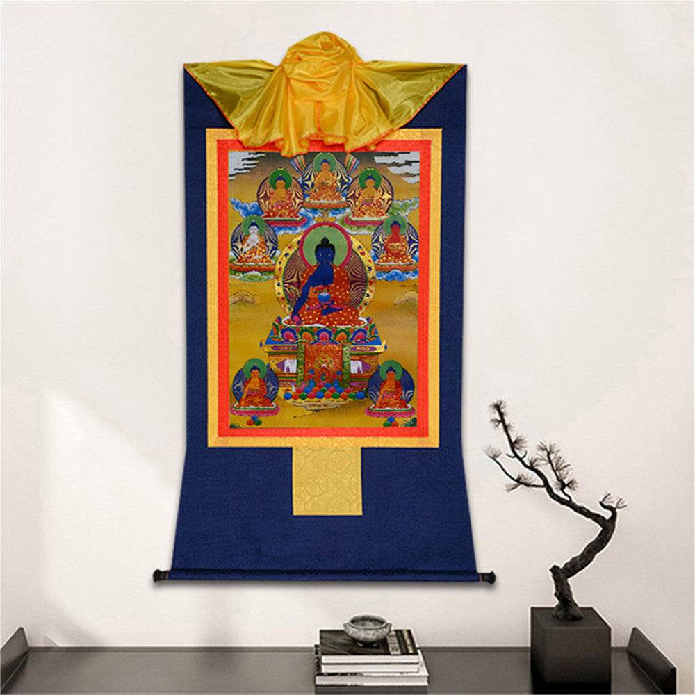 Eight Forms of Bhaisajyaguru-Medicine Buddha - Tibetan thangka painting, detailed view