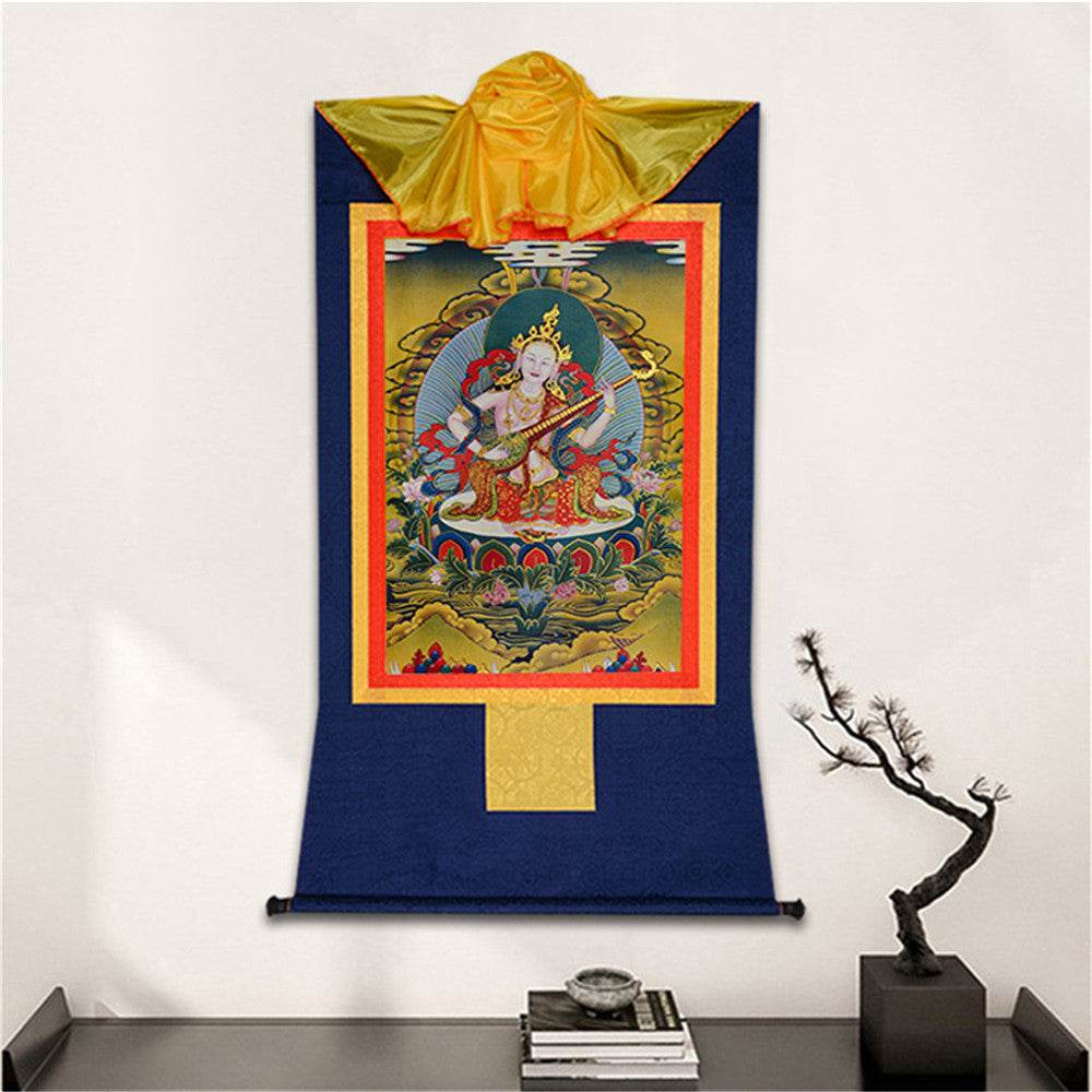 Saraswati - Tibetan thangka painting, detailed view